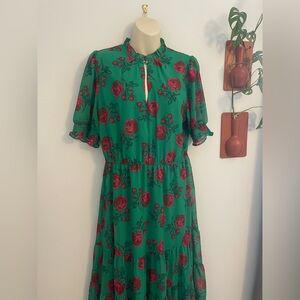 Betsey Johnson Rose Bud Ruffled Neckline Chiffon Midi Dress XL Green Maroon